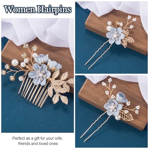 HINZIC 3pcs Flower Tassels Hairpin for Women, Non-Slip Pearl Hair Clips Headpiece, Retro Chinese Hanfu Wedding Brides Hair Accessories for Long Hair- Blue - color: Blue