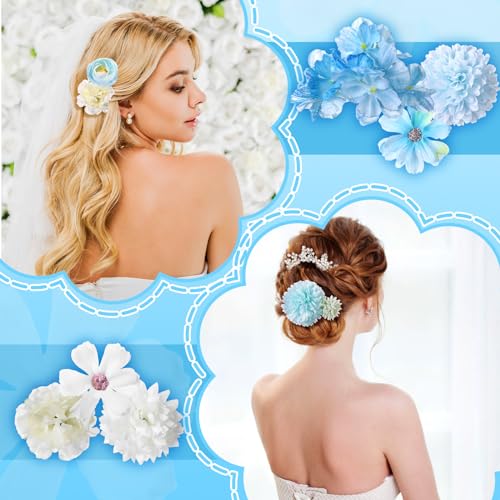 BBTO 21 Pcs Flower Hair Clip Rose Hair Clips Barrettes for Women Flower Accessories Boho Bride Claw Clip Hairpin Brooch Pin Headpiece for Wedding (White,Blue) - color: White, Blue