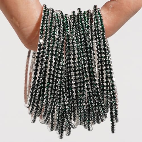 14K Gold Plated Dainty 10Pcs Colorful Cubic Zircon Crystal Beaded Adjustable Stackable Stretch Sparkling Tennis Chain Bracelet Set Birthday Wedding Jewelry for Women - color: green