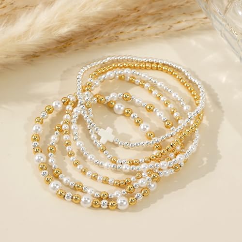 Silver Gold Beaded Bracelets for Women Stackable 14K Gold Plated Beads Ball Cross Bracelet Stack Non Tarnish Elastic Stretch Trendy Jewelry Christian Friendship Christmas Gifts for Women - color: 6pcs-Pearl