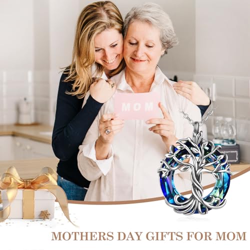TOUPOP Tree of Life Necklace Gifts for Women 925 Sterling Silver Family Tree Pendant with Crystal Birthday Irish Jewelry Gifts for Women Her Wife Mom - color: 01-Blue Crystal-Silver Oxide