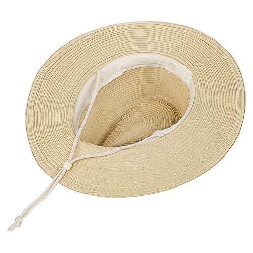 Wide Brim Straw Cowboy Hat for Men Women Western Cowgirl Sun Hat Packable UPF 50+ Beach Cap Shapeable Fedora Panama Cap - color: Beige