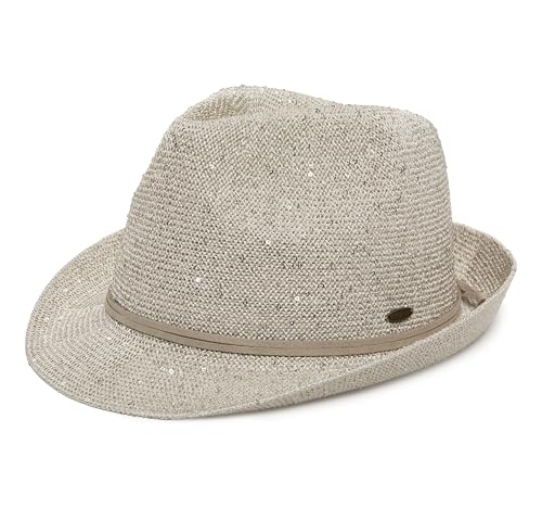 Funky Junque Straw Fedora Hats for Women - UPF 50+ Sun Hat, Short Brim Packable Beach Hat with Woven Pattern - color: Sequin - Cream