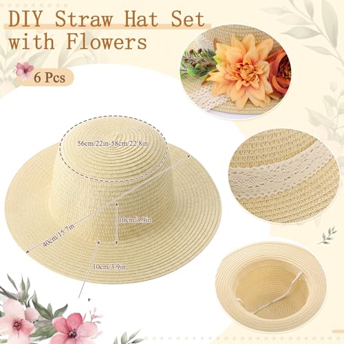 6 Sets DIY Tea Party Straw Hats Kit DIY Straw Hat for Women Blank Sun Hats - style: French Flat Brim
