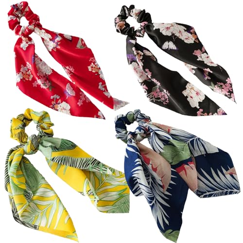 Boho Hair Scarf Scrunchies, 12” Floral Satin Bow Ties Long Bandana, French-Inspired Cheetah Ribbon Ponytail Holder Hair Accessories (Floral, 4 Pack) - color: Floral