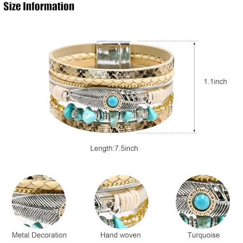 VIBILIA Boho Leather Wrap Bracelets for Women Men Multi-Layer Bracelets with Strong Clasp Western Jewelry - color: 09-Gravel Feather-Gold