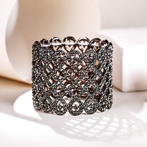 EVER FAITH Art Deco Love Knot Wide Stretch Bridal Bracelet Austrian Crystal - color: Grey Black-Tone