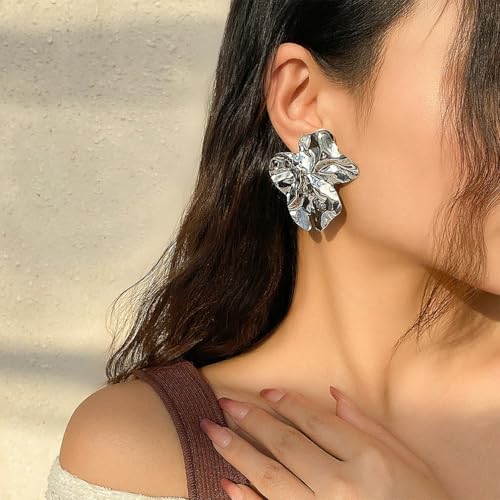 Statement Chunky Gold Large Silver Earrings for Women Trendy, Big Irregular Geometric Dainty Liquid Metal Stud Earrings Simple Prom Party Jewelry Gift - color: Silver -Cute