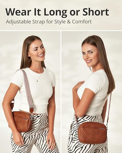 Vantamo Premium Quilted Crossbody Bags for Women with Anti-Pickpocket Clip, Vegan Leather Handbags, Travel Purses for Women - color: Brown With Jacquard Strap