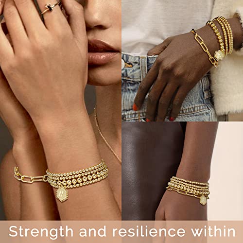 Gold Beaded Bracelet for Women - 14K Real Gold Plated Bead Bracelet Stretchable Elastic Chain Ball Bracelet Kit Jewelry Gifts with Letter Pendant - color: Gold-J