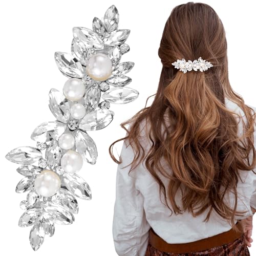 Joez Wonderful Rhinestone Hair Clip Sparkly Crystal Pearl Barrettes French Wedding Prom Engagement Pageant First Communion Hair Decorative Accessories for Women Girls Bride Thick Long Hair - color: Pearl