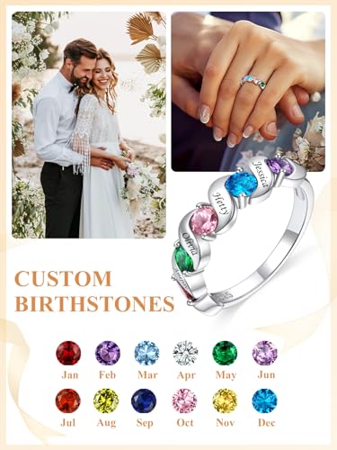 Custom4U Personalized Mothers Ring with 1-5 Birthstones Names Engraved 925 Sterling Silver/14K White Gold Plated Birthstone Rings for Women Promise Ring Birthday Jewelry Gifts for Mom Grandmother Wife - color: 5 Birthstones Ring (Engraved)