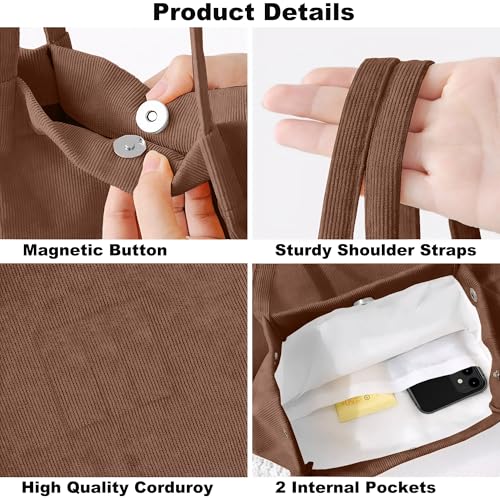 Corduroy Tote Bag for Women Small Canvas Shoulder Purse Cord Handy Bag with Inner Pocket | with Front Pocket - color: 02 Brown
