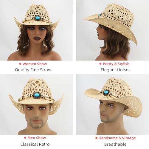 Straw Cowboy Hat, Western Cowgirl Hat, Wide Brim Sun Beach Hat for Men and Women - color: Beige-m23