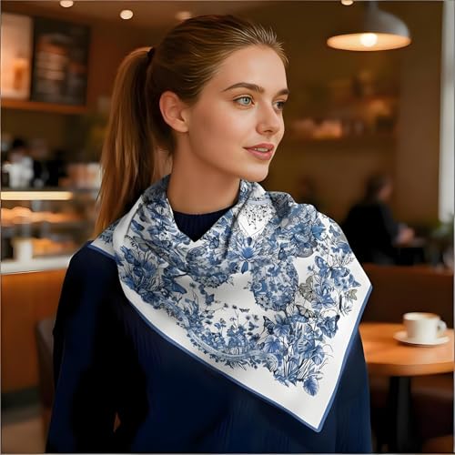 Premium Floral Scarf for Women 35x35 Square Silk Feel-Lightweight Scarves Headscarf Bandanas Wrapping Handbag - color: Big Blue Butterfly