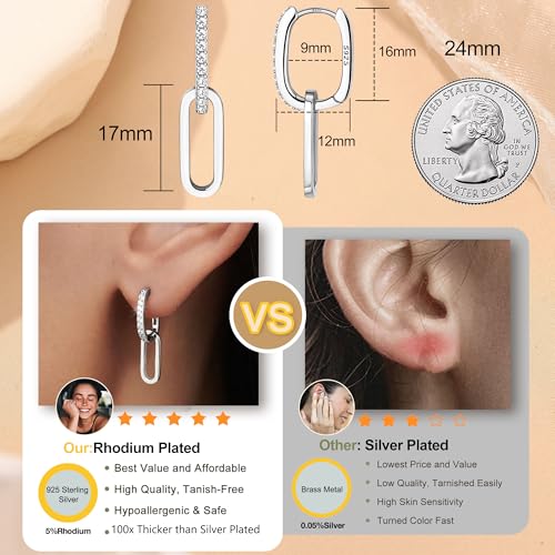 MILACOLATO 925 Sterling Silver Hoop Earrings for Women 18K Gold/Rhodium Plated Drop Dangle Hoop Earrings with Charms Cross Spike Moon Star Paperclip Link Statement Earrings Convertible Link Huggie Earrings Hypoallergenic - color: Silver Tone : Hoop with C