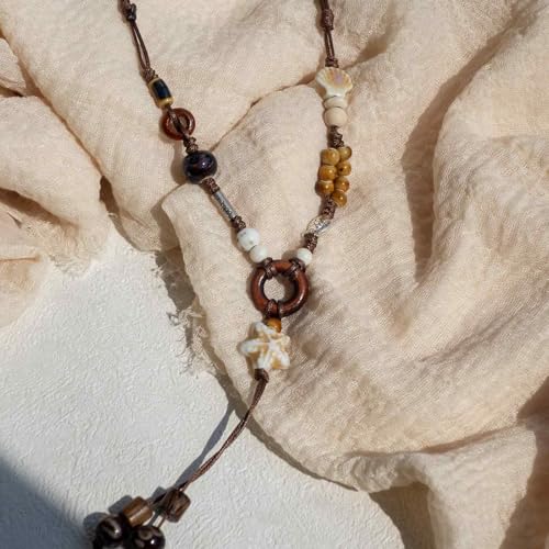 Boho Style Colorful Ceramic Bead Strand Necklace Adjustable Bohemian Jewelry Gift for Women, Fashion Clothing Matching Necklace - color: Beige and Brown