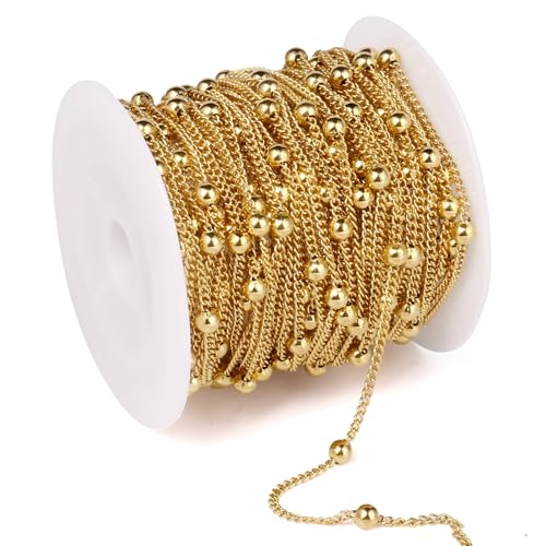 33 Feet Gold Satellite Chains Roll, 2mm 18K Gold PVD Plated 304 Stainless Steel Ball Beaded Twisted Curb Chains Spool Bulk for Jewelry Making DIY Craft - color: Gold Big Beads Satellite Curb Chain