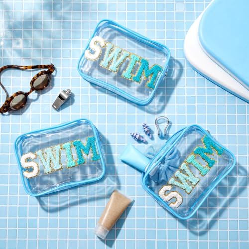 Kacctyen Clear Makeup Bag Bulk Summer Beach Sunscreen Pouch Waterproof Toiletry Cosmetic Zippered Organizer with Preppy Chenille Letter Patch(Swim,Lake Blue,8 Pcs) - color: Lake Blue, size: Swim