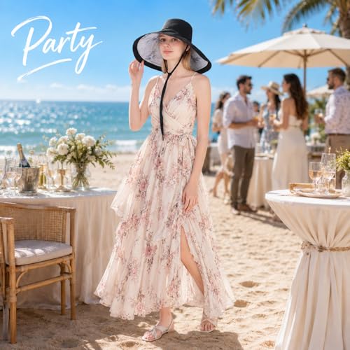 Wide Brim Sun Hat for Women Reversible Beach Hats Metal Wired Edge Gardening Hats, UPF 50+ Bucket Summer Hat - color: Black Floral