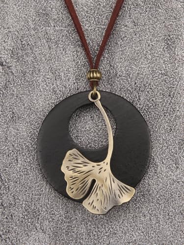 Kelake Leather Necklace for Women Men Teen Vinatge Boho Alloy Pendant Choker Jewelry Fashion Sweater Necklaces with Adjustable Genuine Leather Chain - color: Gold Ginkgo Leaf & Black Wood Pendant