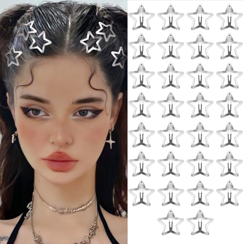 Star Hair Clips 2000s Y2K Snap Hair Barrettes Non Slip Star Hair Accessories Silver Metal Hair Clips for Girls Women -30 PCS 1.57" - color: 30 P - 1.57"-silver