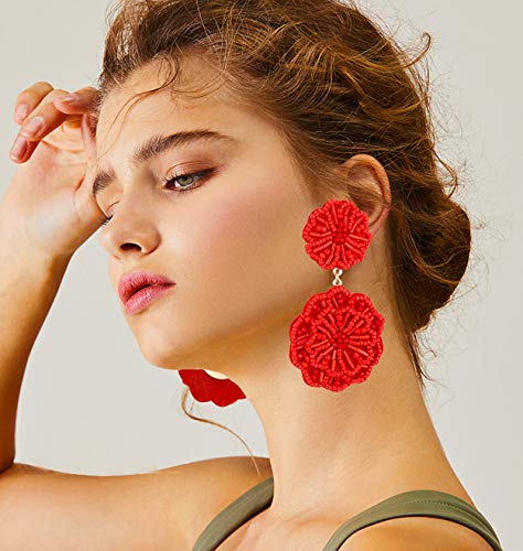 Statement Beaded Drop Earrings for Women Layered Bead Dangle Earrings - color: Red