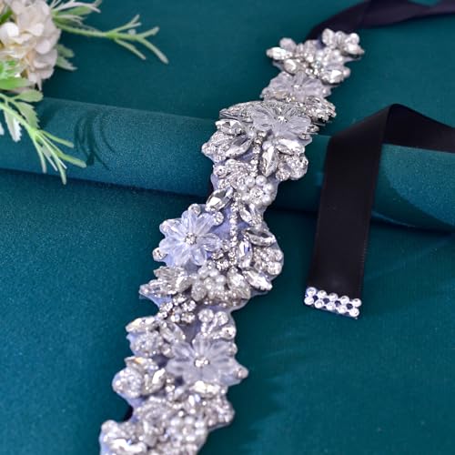 Rhinestone Wedding Bridal Belt for Women Formal Dress Handmade Crystal Beading Wedding Sash Belt - color: Black