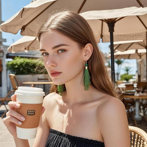 Coiris Boho Leather Layered Tassel Earrings for Women Lightweight Leather Fringe Dangle Earrings Handmade Bohemian Summer Beach Western Drop Earrings for Women - color: Green