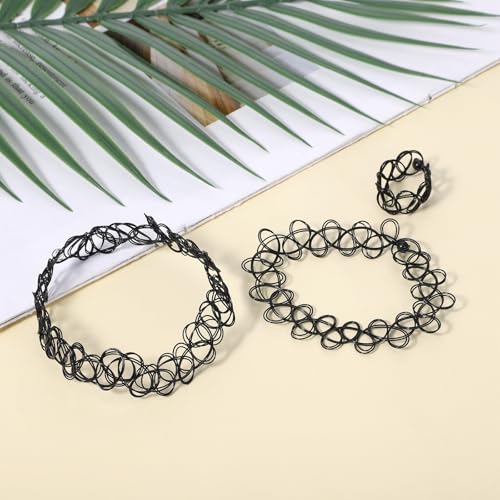 90s Tattoo Choker, 9 PCS 90s Tattoo Choker Necklace, Bracelet and Ring Set, Black Stretchy Gothic Chokers Adjustable Retro Gothic Grunge 90 Necklace Jewelry for Women Accessories