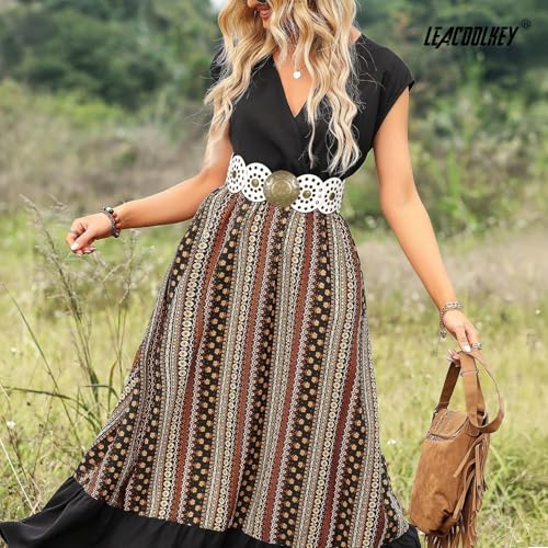 LEACOOLKEY Women's Boho Disc Belt Wide Western Leather Belt Vintage Concho Waist Belts for Dress Jeans - color: A-white, size: Fits 46"–51" (Waist/Hips), style: Style a