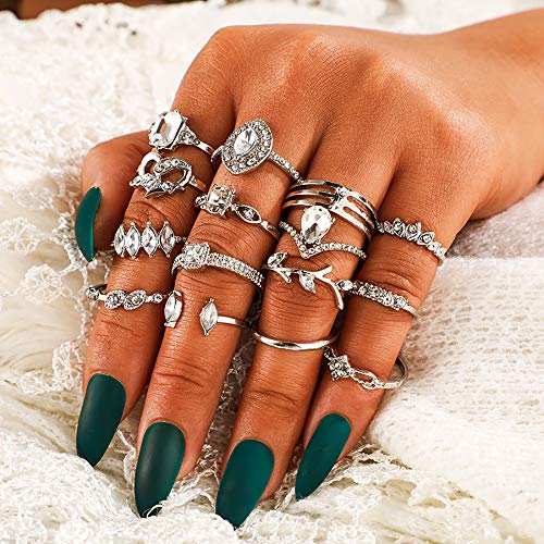 15 Piece Vintage Rhinestone Knuckle Ring Sets.Silver Leaf Pattern Crystal Stackable Ring Joint Nail Ring Midi Finger Ring for Women (Silver)