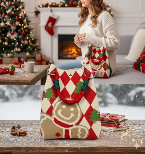 Crochet Tote Bag for Women, Knit Shoulder Handbag, Lightweight Reusable Shopping Bag, Summer Beach Woven Purse, White - color: Christmas Snowman