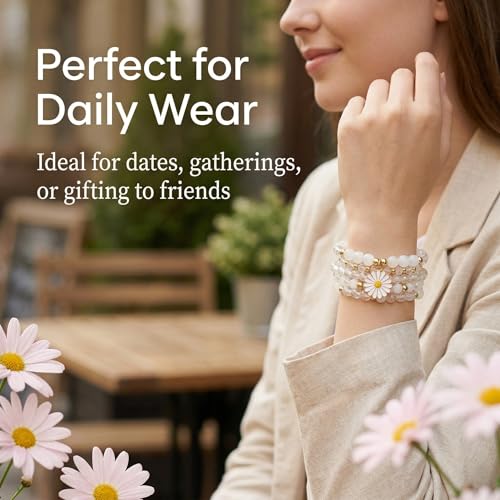 LOTSOF Boho Flower Beaded Bracelet Set for Women - Multilayer Crystal & Flower Charm Stackable Bracelets, Fashion Jewelry Gift for Her - color: White
