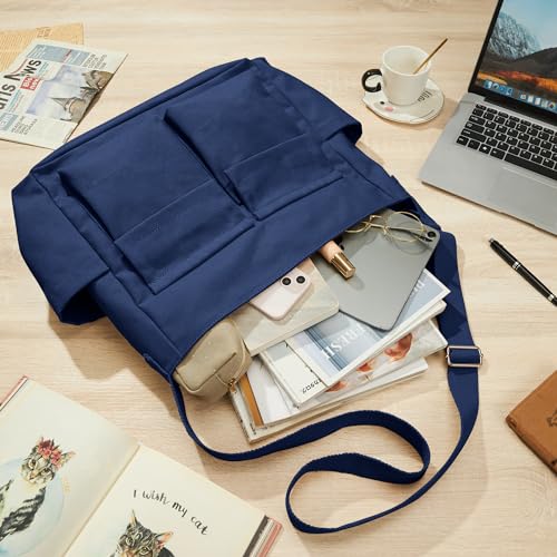 KALIDI Canvas Tote Bag Large Hobo Crossbody Shoulder Handbag Zipper Messenger Bag for Women or Men Casual College Work - color: Upgraded Deep Blue