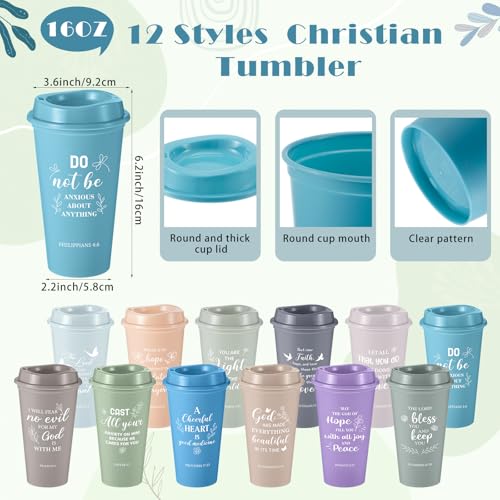 Skylety 12 Set/48 Pcs Christian Gifts Bulk Church Religious Gift Set 16 oz Bible Scripture Cups with Lids Mini Spiral Notebooks Pens Keychains for Women Staff Team Friends (Light Morandi Color) - color: Light Morandi Color