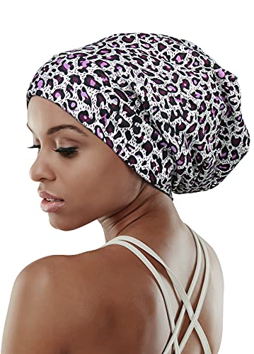 Adjustable Satin Lined Sleep Cap for Dreadlocks Curly Hair Large Head-Stay On Overnight - color: Off-white Black