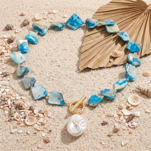 Chunky Shell Choker Necklace for Women,Natural Irregular Pearl Beaded Beach Necklaces,OT Buckle Pearl Pendant Choker,Bohemian Beach Necklace,Summer Beach Vacation Jewelry Gift for Women - color: Blue