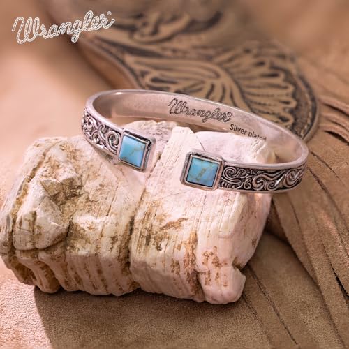 Montana West Wrangler Cuff Bracelet for Women Western Turquoise Adjustable Open Bangle Silver Plated Carved Floral Cowgirl Country Jewelry - color: Silver-Turquoise