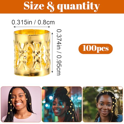 100 Pcs Hair Gold Cuffs Gold Dreadlocks Beads Adjustable Hair Braid Rings Clips Dread Locks Hairs Braiding Metal Jewelry for Braids Women Hairs Clips Decoration Accessories Festival Gifts