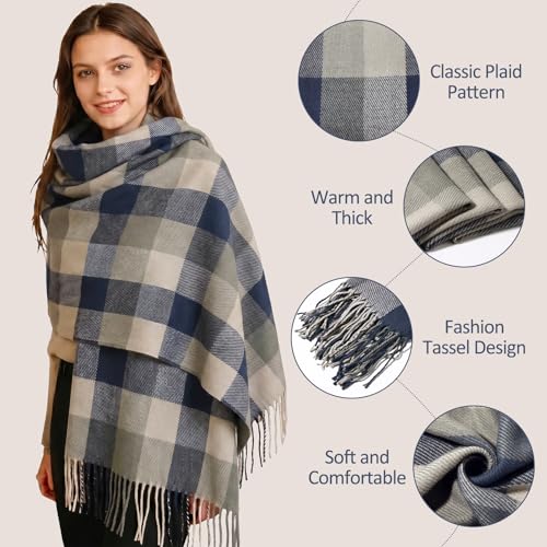 Loritta Womens Scarf Fashion Long Plaid Shawls Wraps Big Grid Winter Warm Lattice Large Scarves Gifts - color: F-blue Grey Lattice