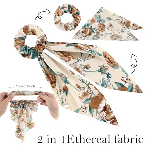 Chuangdi 10 Pcs Hair Scrunchies Hair Scarf with Ribbon Bunny Ears Chiffon Floral Bow Ponytail Holder Boho Elastic Floral Ropes 2 in 1 Vintage Accessories for Women(Vintage) - style: Vintage