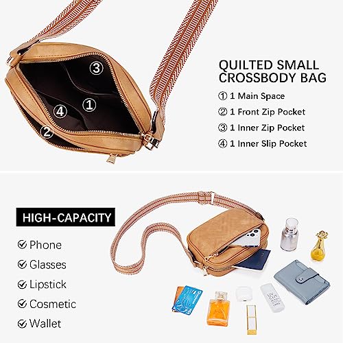 BOSTANTEN Quilted Crossbody Bags for Women Vegan Leather Purses Shoulder Handbags with Wide Strap - color: Camel Brown