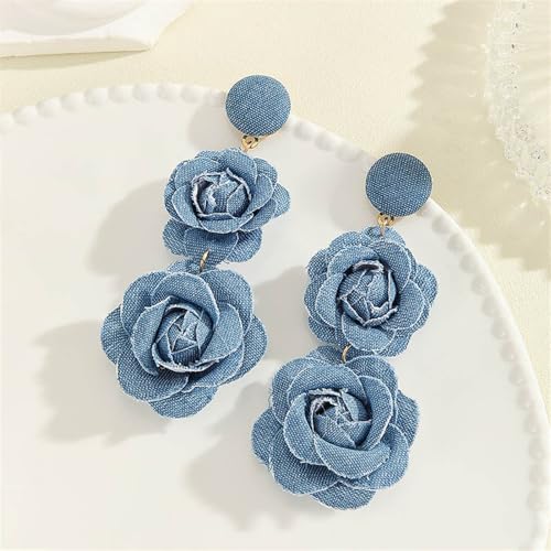 coadipress Boho Denim Camellia Flower Dangle Earrings for Women Exaggerated Big Layered Tiered Blossom Floral Drop Long Earring Chic Statement Earrings Wedding Bridal Jewelry Gifts - style: 2 Flowers Light Blue