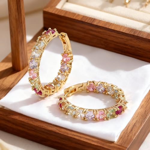 Colorful Hoop Earrings, Sparkly Crystal Cubic Zirconia Hoop Earrings for Women Hypoallergenic Small Hoop Earrings for Birthday Jewelry - color: Colorful-2