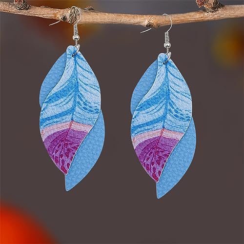 ANXIN boho unique Leather Earrings 2 Layered Lightweight Faux Leather Leaf Earrings Layered Design Drop Earrings Gift for Women - color: Blue Faux Leather Leaf Earrings