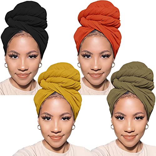 Head Wraps for Black Women African Head Wrap Lightweight for Women Long Plain Turban Hair Scarf Scarves - color: 4 Pcs-black,army Green,yellow,orange