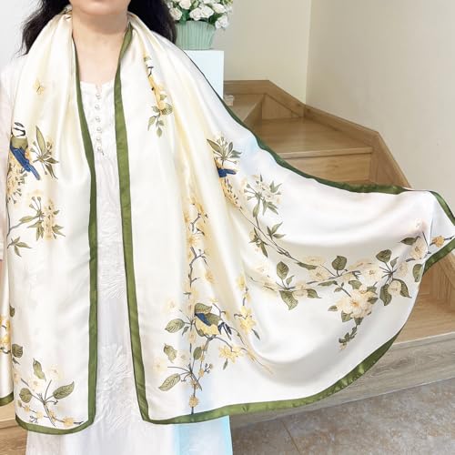 Long Silk Like Scarf Lightweight Satin Scarves Large Sunscreen Shawl Wrap for Women - color: 005.birds and Flowers Beige