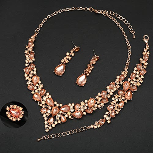 CSY 4 Pcs/Set Austrian Crystal Necklace Earrings Bracelet Ring Bridal Jewelry Sets for Brides Wedding Party Costume Accessories Gifts for Women - color: 02-rose gold-peach
