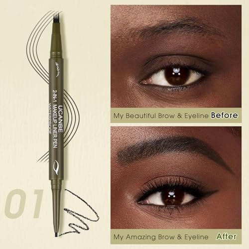 UCANBE Eyebrow Pen, Dual-Ended Eyebrow Pencil with 4-Fork-Tip & Gel Eyeliner for Women, Eye Brow Pen with Gel Eyeliner Pencil, Microblading Eyebrow Pencils with Hair Like Strokes, Soft Black - color: Soft Black
